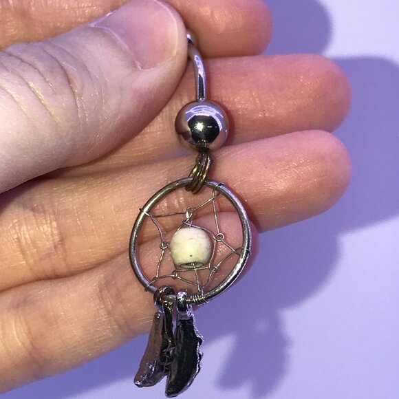Topaz Orange gem with Cream bead Dream Catcher Dangle Belly Ring - Picture 3 of 11